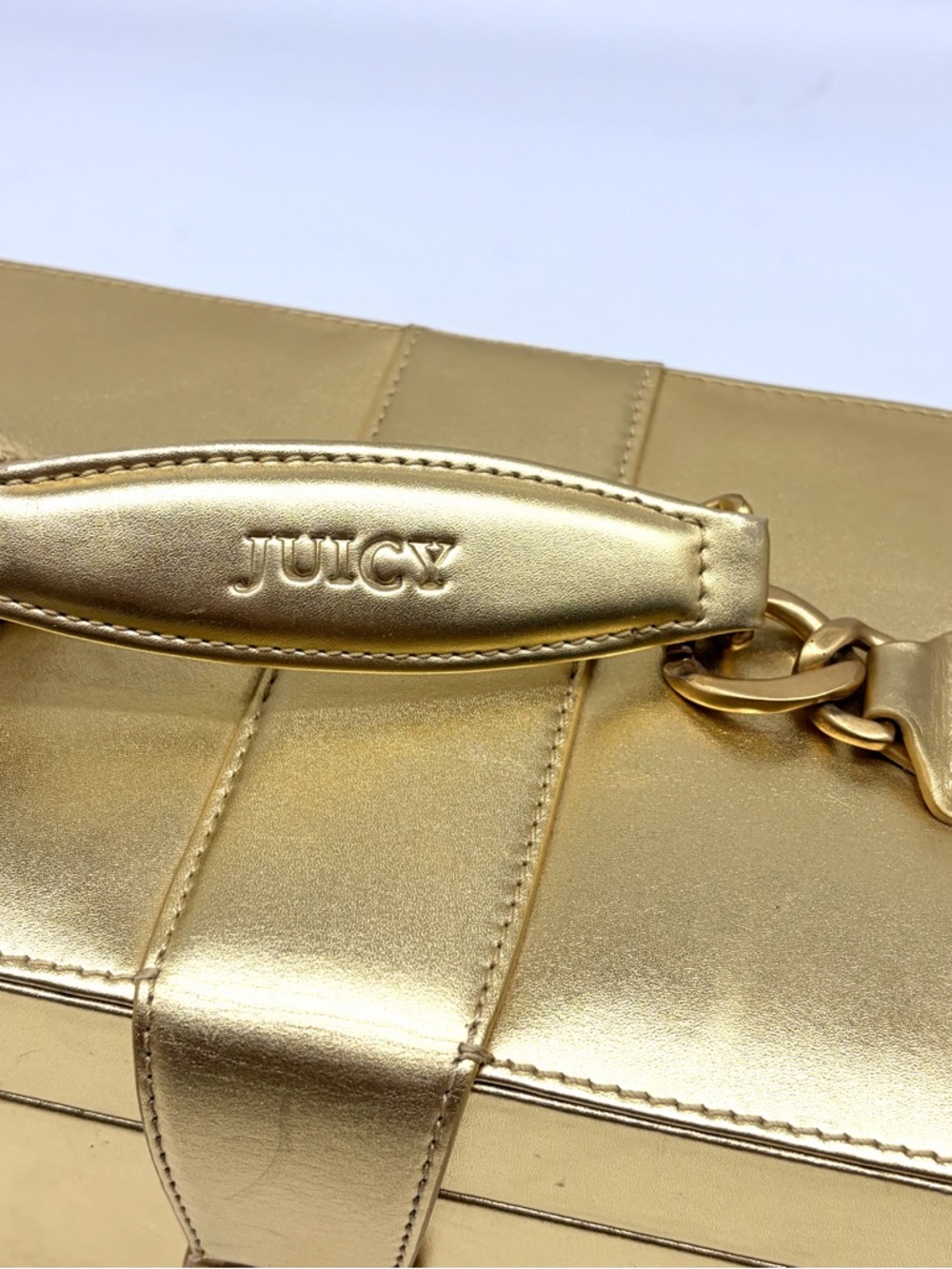 Juicy Couture Gold Leather Mirror Jewelry Box Metallic Large Lock Train Case Y2K - Picture 4 of 12